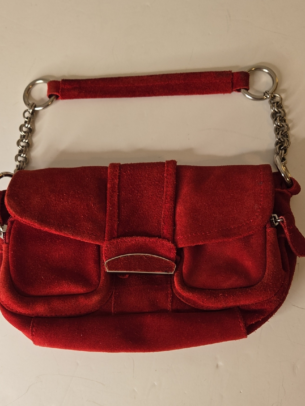 Rich Red Suede Shoulder Bag with Chain-Accent Strap